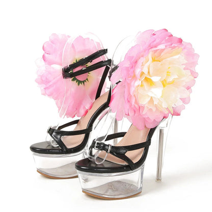 Big Flowers Women Transparent Platform Sandals Stilettos High Heels