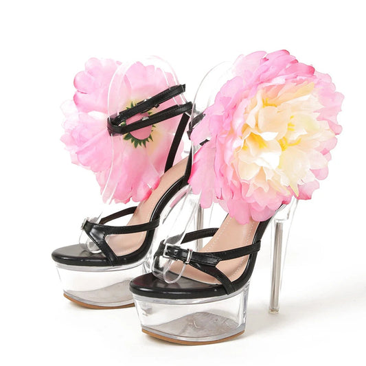 Big Flowers Women Transparent Platform Sandals Stilettos High Heels