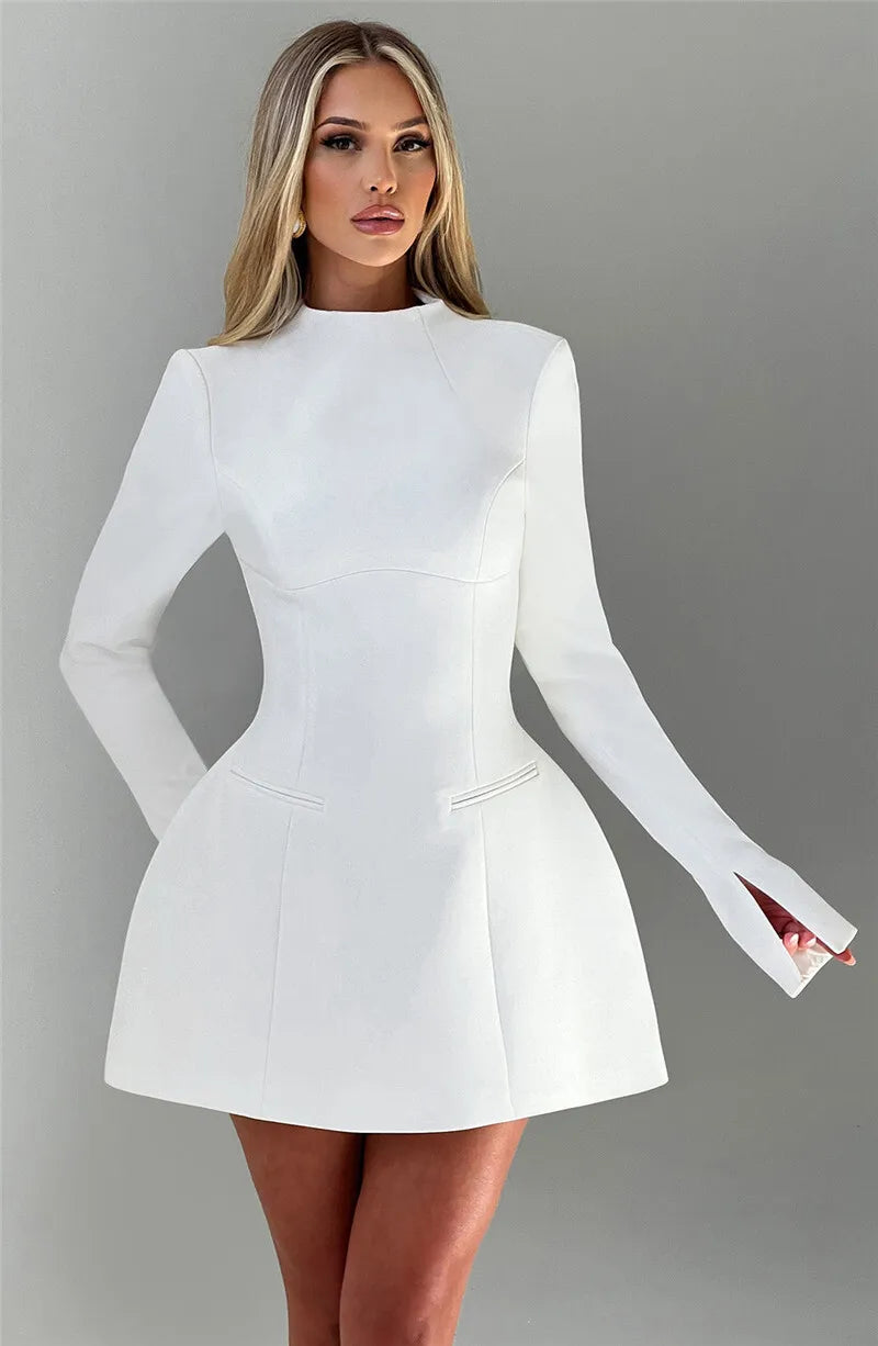 | White High Neck Long Sleeve Mini Dress