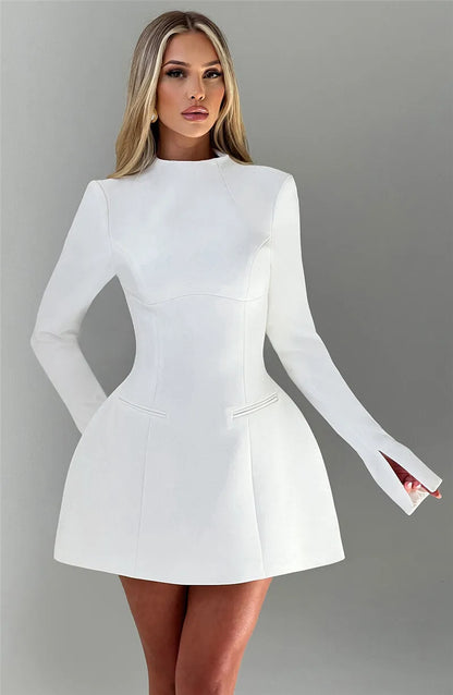 | White High Neck Long Sleeve Mini Dress