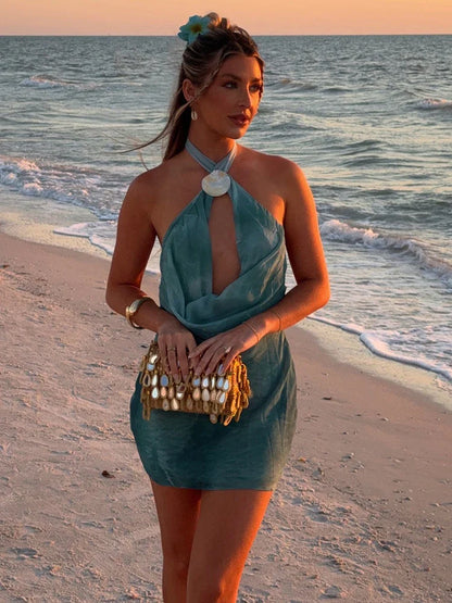 Tie Dye Halter Backless Hollow Out Off-shoulder Vacation Dress