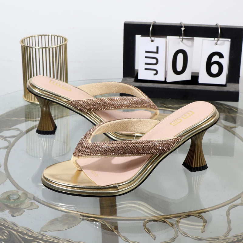 Luxurious Golden Stiletto High Heel Flip Flops with Toe Clip for Summer