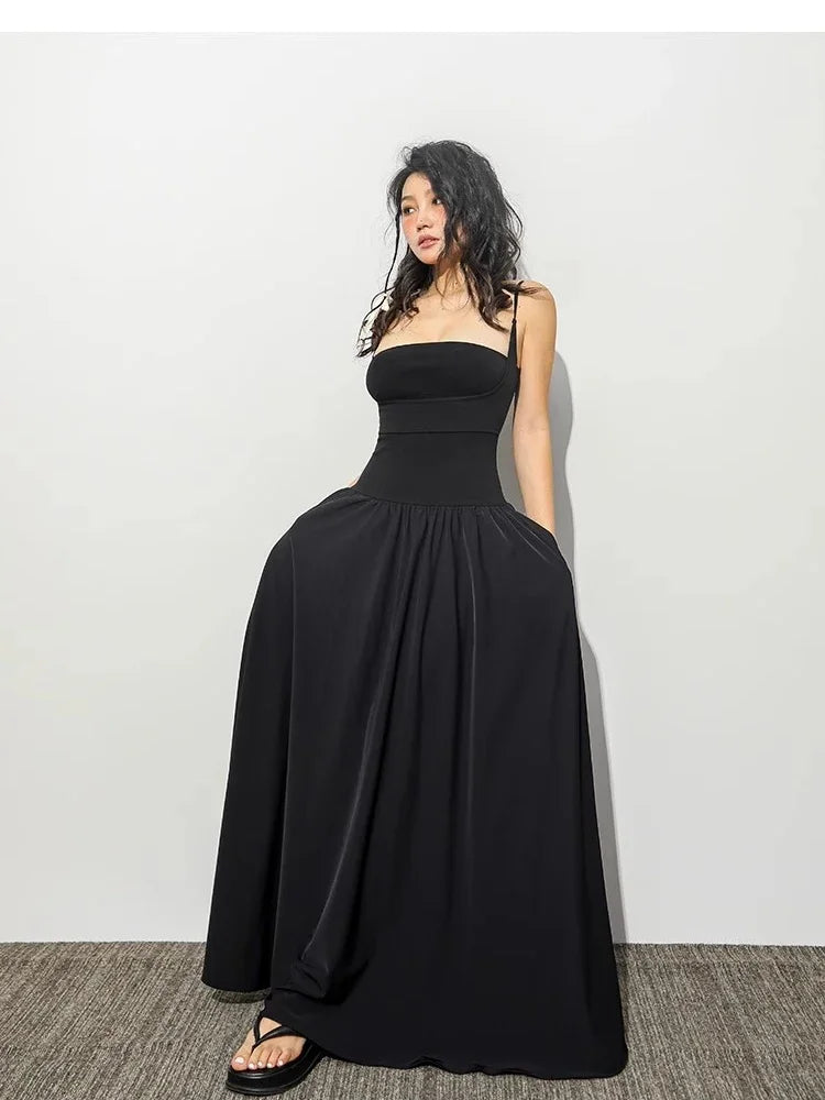 Spaghetti Strap Bow Detail Fit and Flare Floor-Length Maxi Dress