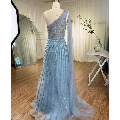 One-Shoulder Cape Sleeve Beaded Evening Dresses