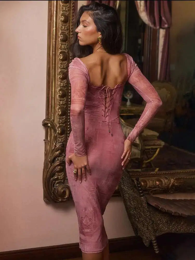 Print Lace Side Bodycon Midi Dress