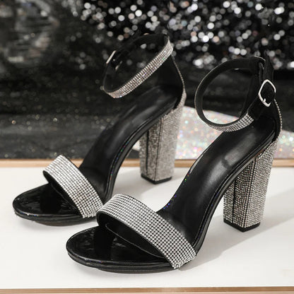 Silver Rhinestone Square High Heels Sandals for Elegant Women