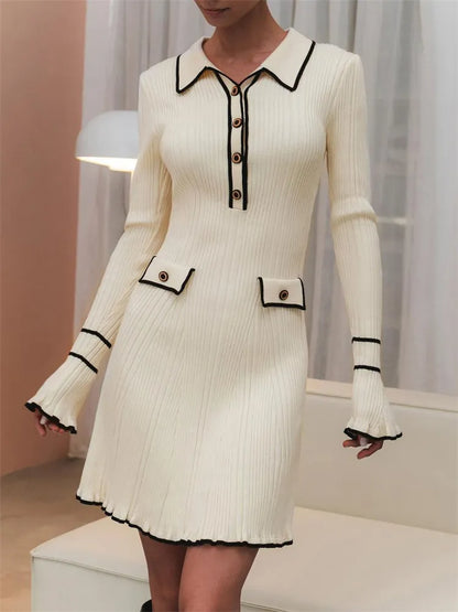 Ribbed Knit Polo Collar Bell Cuff Faux Pocket Mini Dress