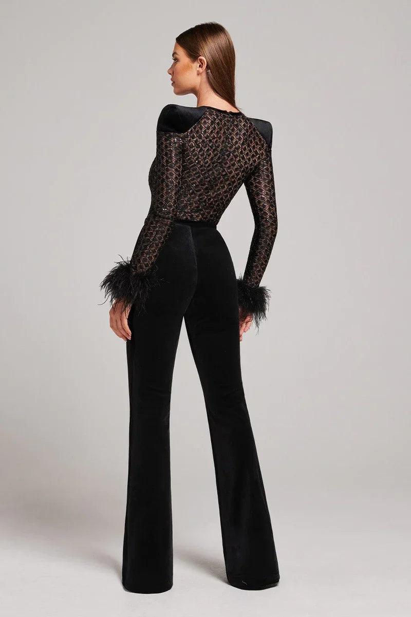 | Velvet Flared Jumpsuit with Feather Cuffs and Sheer Bodice