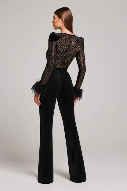 | Velvet Flared Jumpsuit with Feather Cuffs and Sheer Bodice