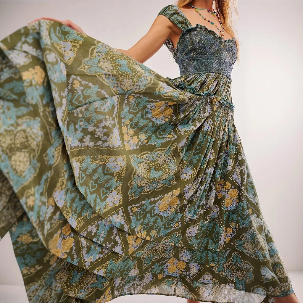 Printed Chiffon Short Sleeve A-line Boho Dress