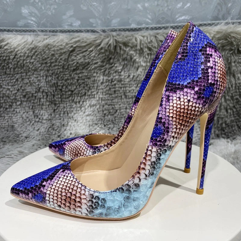 Python Pattern Blue Pointy Toe High Heel Party Shoes for Women