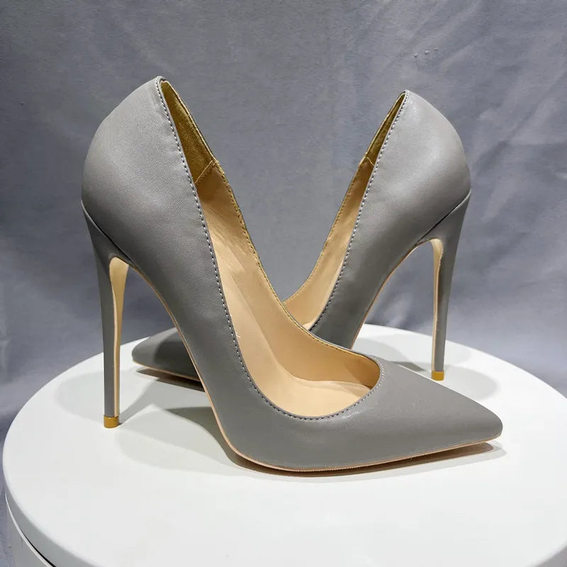 Grey Leather Soft Female Stiletto High Heel Shoes 10Cm Pointy Toe