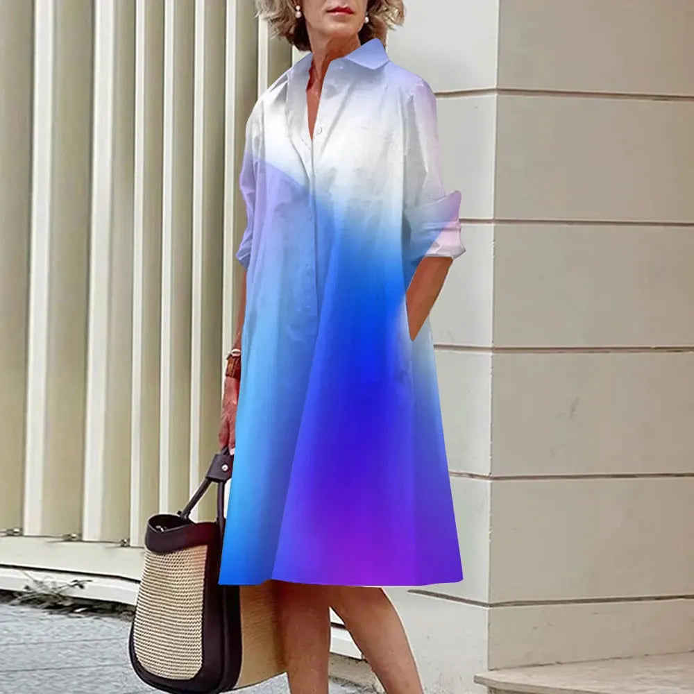 Collared Long Sleeve Button Down Patch Pocket Midi Shirt Dress