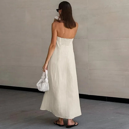 Strapless Khaki Cotton Holiday Midi Dress