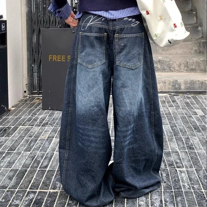 Y2k Letter Embroidery Washed Women Jeans Vintage Harajuku Wide Leg Denim Pants Baggy Gyaru Scimitar Trousers Streetwear