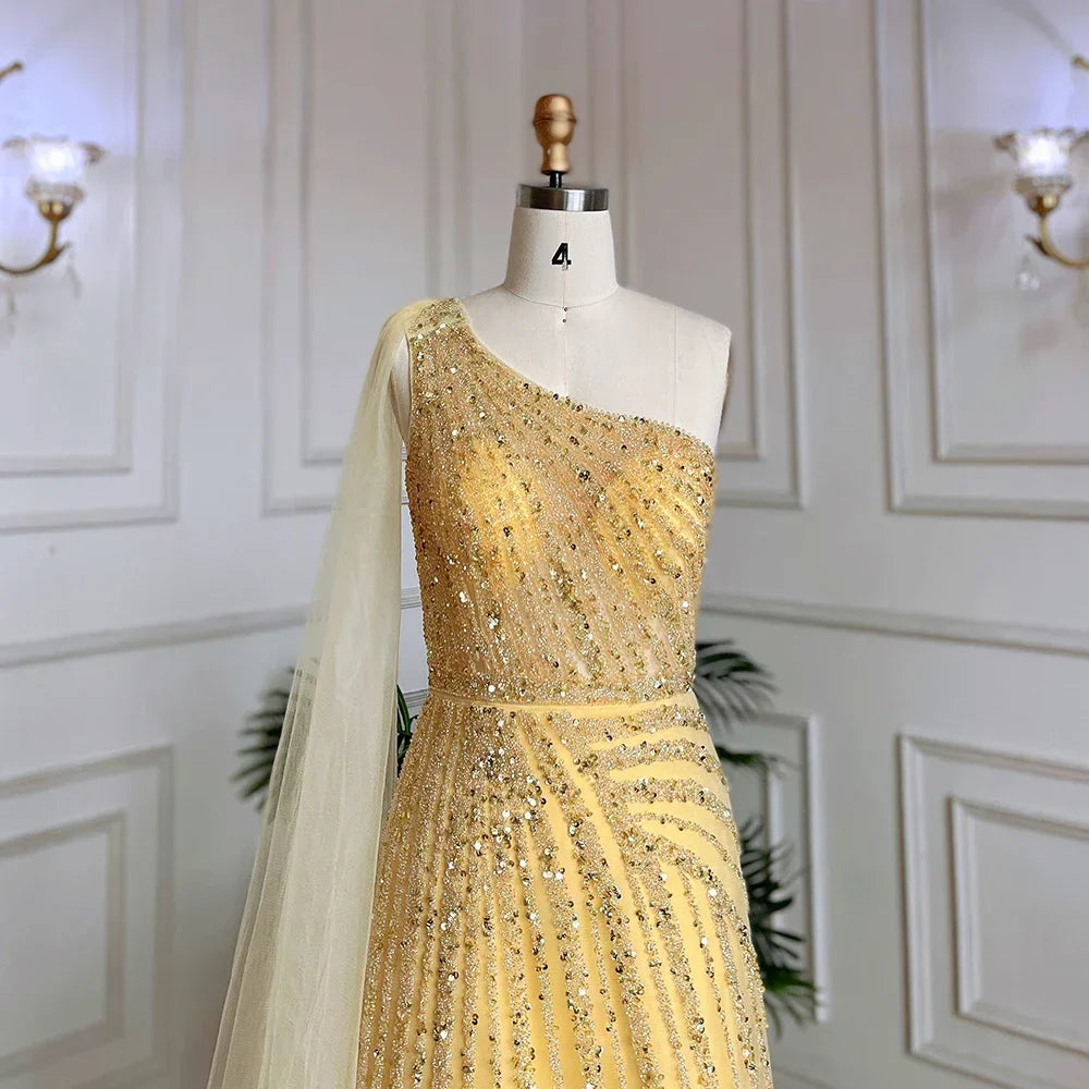 One-Shoulder Cape Sleeve Beaded Evening Dresses