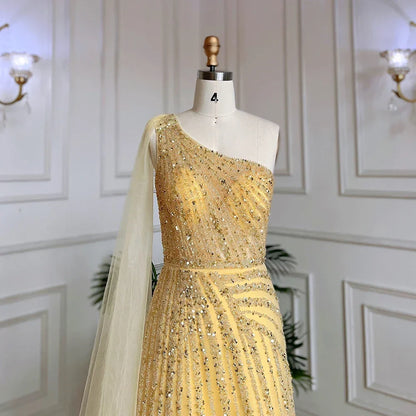 One-Shoulder Cape Sleeve Beaded Evening Dresses