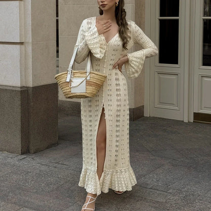 Flare Sleeve Slim Fit V Neck Knitted Boho Dress