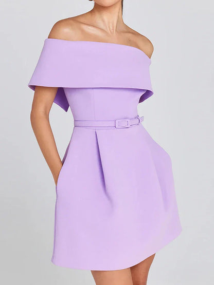 Belt Patchwork Short Sleeve Off The Shoulder Dress