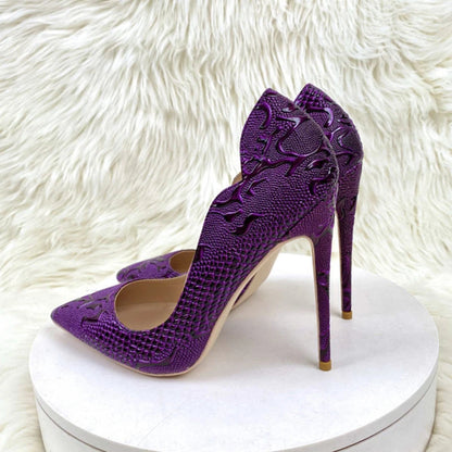 Purple Crocodile Embossed Pointy Toe Slip On High Heel Shoes for Women