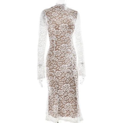 Lace White Long Sleeve Turtleneck Dress