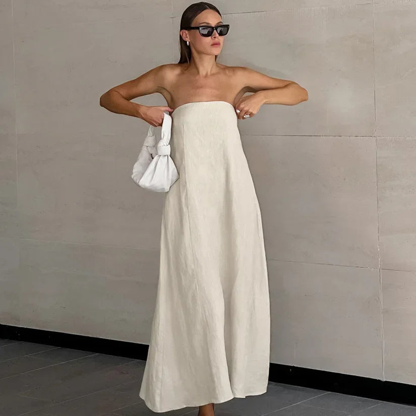 Strapless Khaki Cotton Holiday Midi Dress
