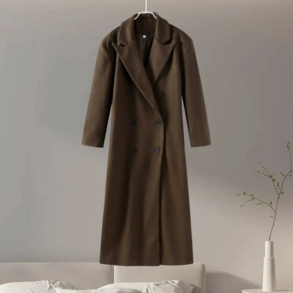 Casual Brown Wool Long Coats for Women Loose Turn Down Collar Double Breasted Female Overcoat Autumn Winter Street Lady Outwear