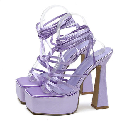 Orange Lace Up Platform Sandals for Women