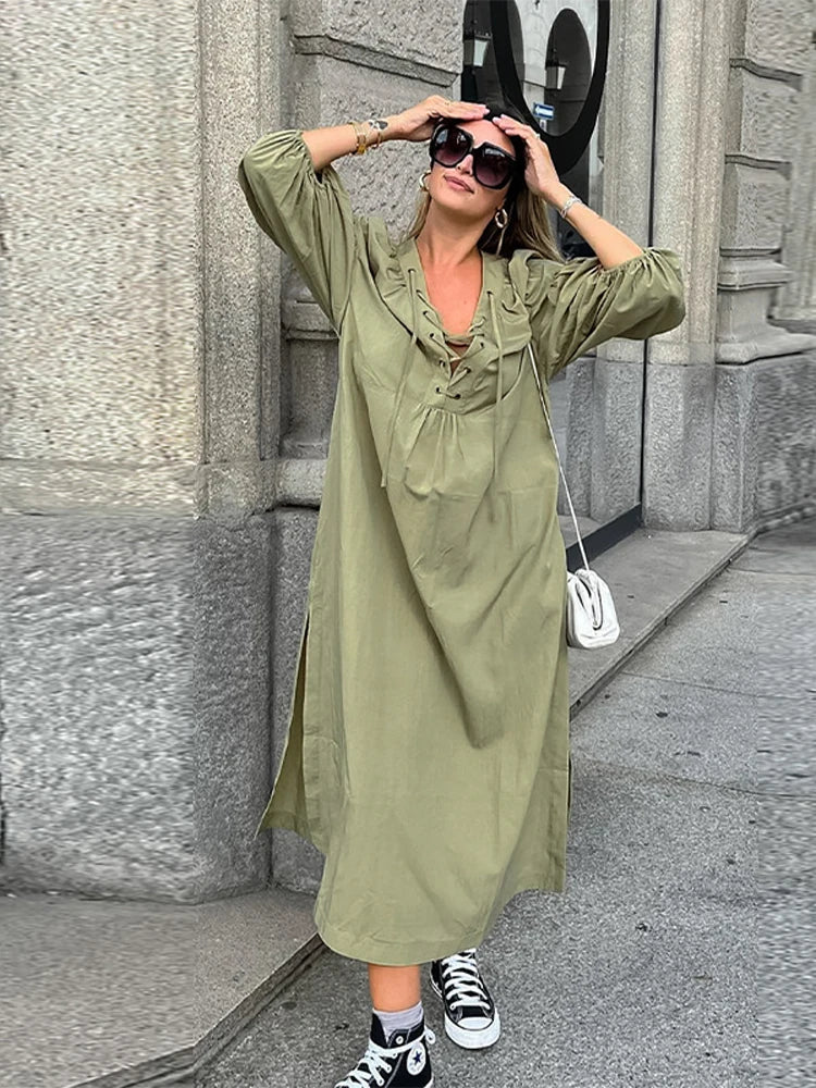 Lace Up V-Neck Balloon Sleeve Side Slit Maxi Dress