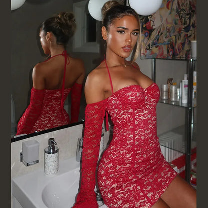 Red Lace Off-shoulder Bodycon Mini Dress