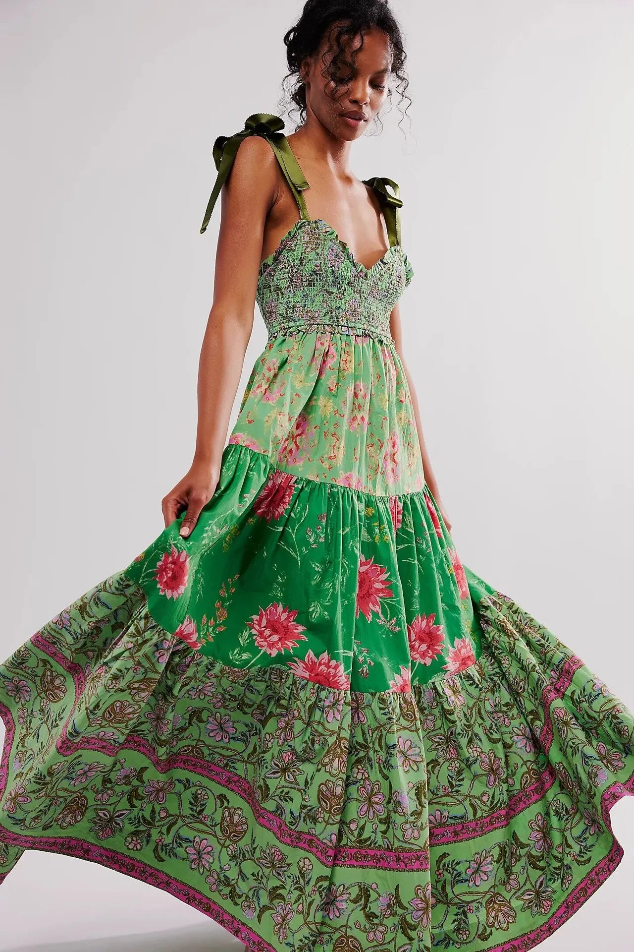 Shirring Chest Strap Floral Sleeveless Boho Dress