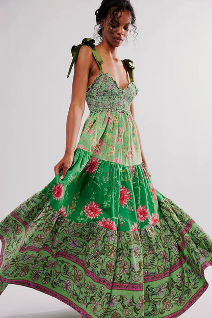 Shirring Chest Strap Floral Sleeveless Boho Dress