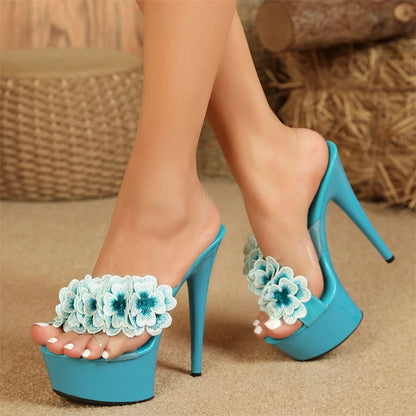Women's Fashion Embroidery Flower Platform Slipper with Open Toe and Super High Heels