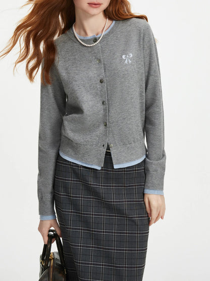 Bow Contrast Stitching Knit Cardigan