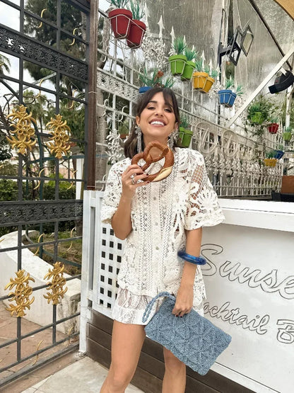 Elegant Lace Hollow Out Shorts Suit For Women Fashion Casual Lapel Short Sleeves Shirt Set 2024 Summer Lady Vacation Chic Outfit
