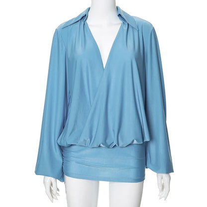 Plunge Long Sleeve Solid Color Mini Dress