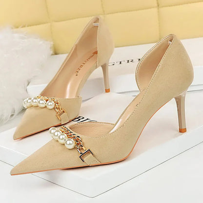Grain Women Pumps with Pearl Chain Design - High Quality High Heels