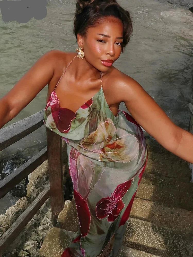 Floral Print Backless Halter Dress with Split for Women