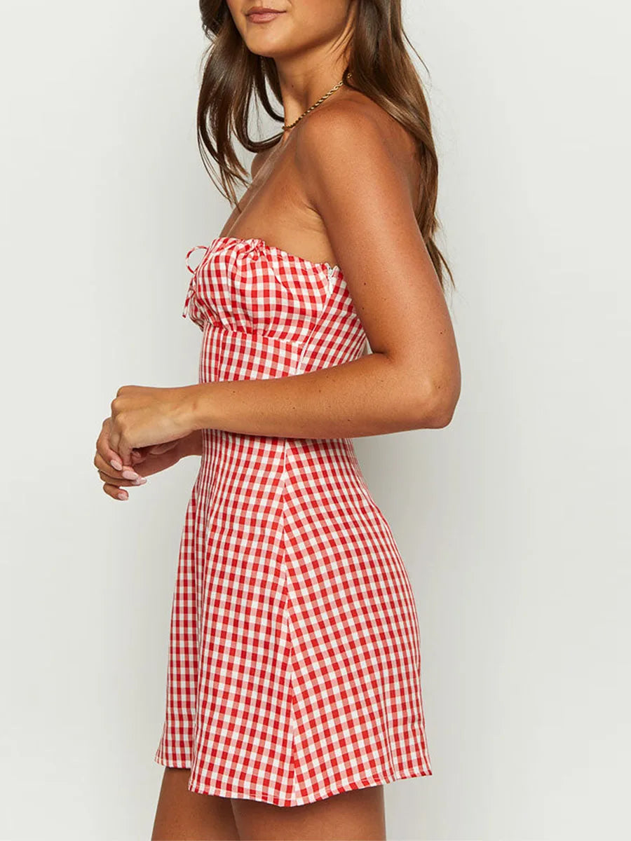 Plaid Hollow Tie-up Retro Bodycon Dress