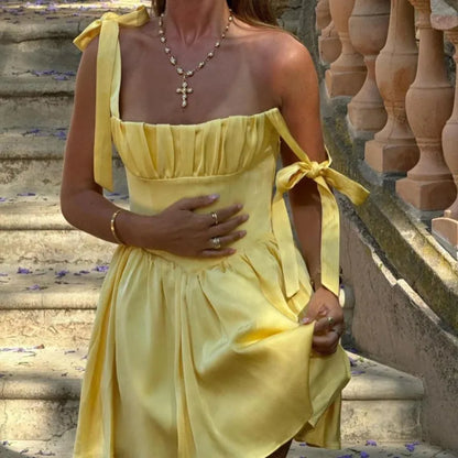 Yellow Halter Belt Pleated Mini Dress