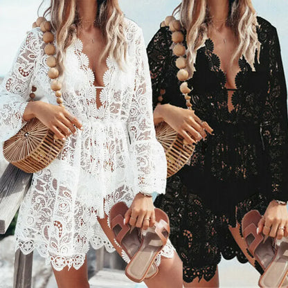 Lace Crochet V-Neck Bell Sleeve Scalloped Hem Hollow Out Beach Mini Dress