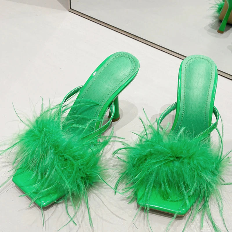 Yellow Fluffy Furry Women's High Heel Slippers Mules for Summer Fashion