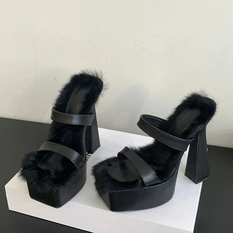 Chunky High Heels Platform Slippers Cozy Short Plush Square Toe Sandals for Summer