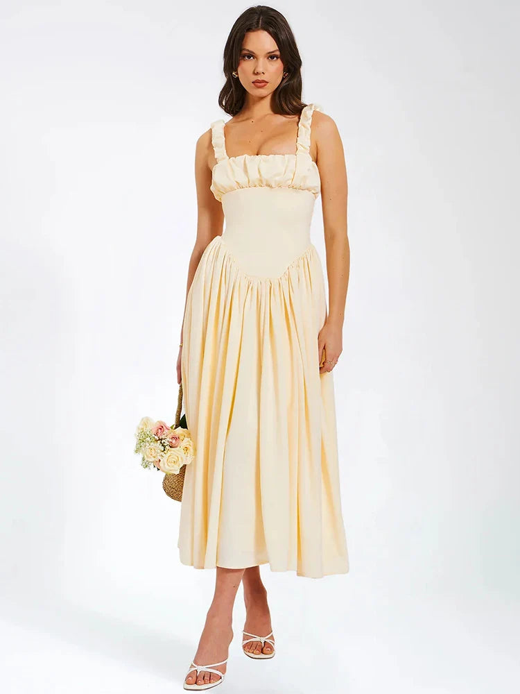 Square Neck Satin Pleated Midi Dress