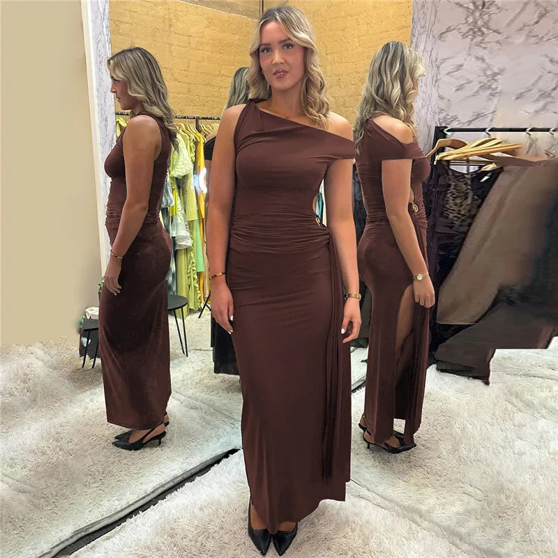 Oblique Shoulder Backless Maxi Dress