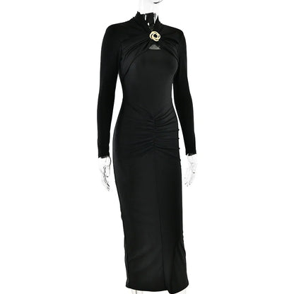Long Sleeved Pleated Hollowed Out Maxi Dress