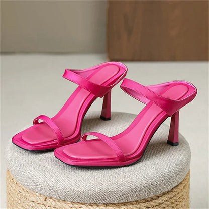 Hollow Out Narrow Band Women Slipper with Square Toe and Thin Heels