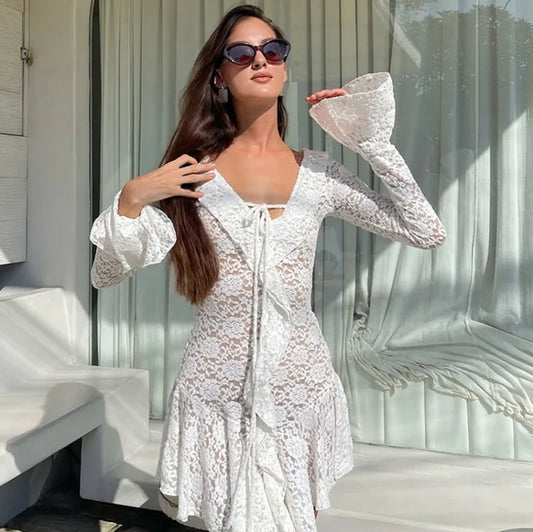 Lace Ruffle Tie Waist Mini Dress