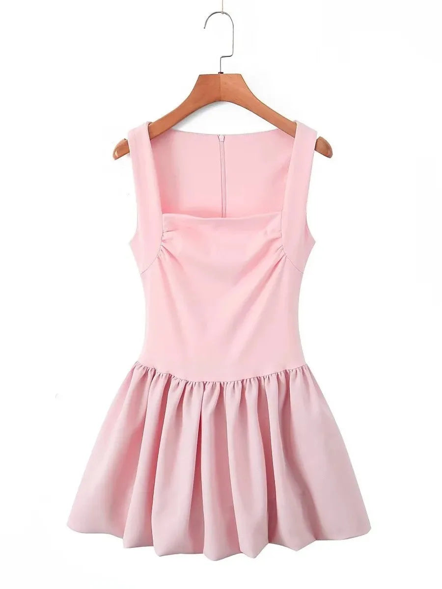 Square Neck Ruched Bodice Bubble Hem Mini Dress