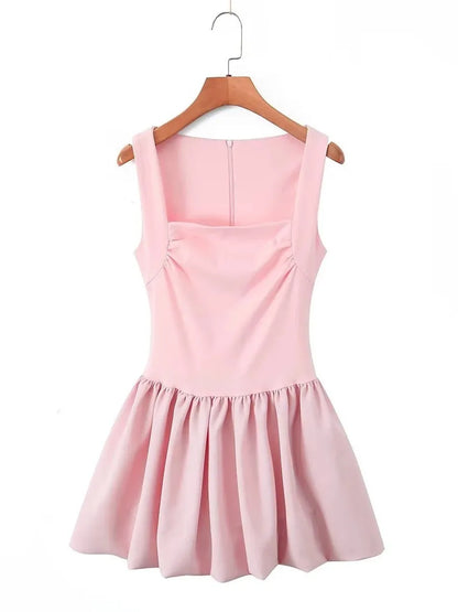 Square Neck Ruched Bodice Bubble Hem Mini Dress